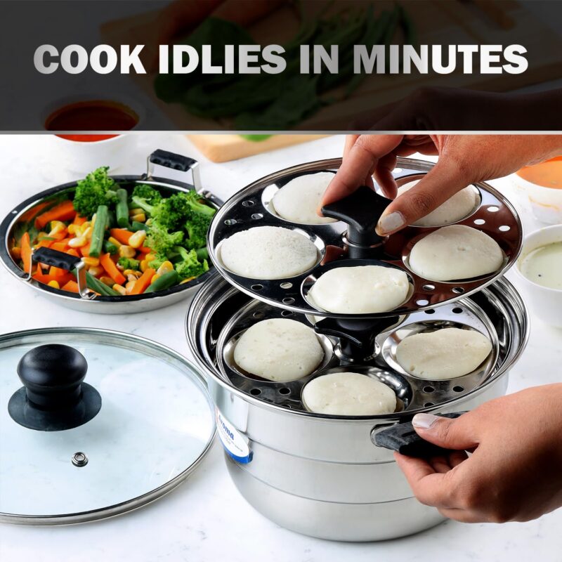 Cello Aroma Stainless Steel Idli Pot with Glass Lid with Multiple Plates 22cm, Silver, 3.5 liter | Compatible With Gas Stove & Induction | Ideal For Dhokla, Patra, Idli, and Momos - Image 5