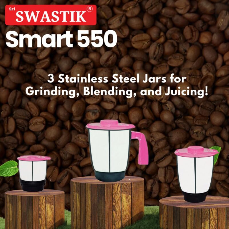 Sri Swastik Smart 550 Mixer Grinder - 550W Heavy-Duty Motor, 3 Stainless Steel Jars, Pink - Image 3
