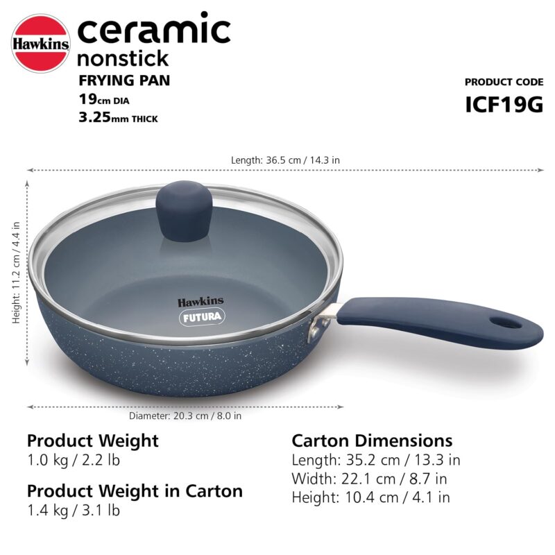 Hawkins Ceramic Nonstick Frying Pan, 19 cm Diameter, Induction Fry Pan with Glass Lid, Granite Omlette Egg Pan, Fish Pan (ICF19G) - Image 4