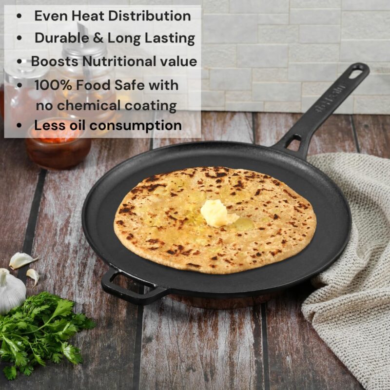 Healux 28cm Pre-Seasoned Cast Iron Dosa Tawa/Uttapam/Roti/Chapati/Obattu/Paratha Tawa | Toxin Free | Naturally Non Stick | Gas Base - Image 6