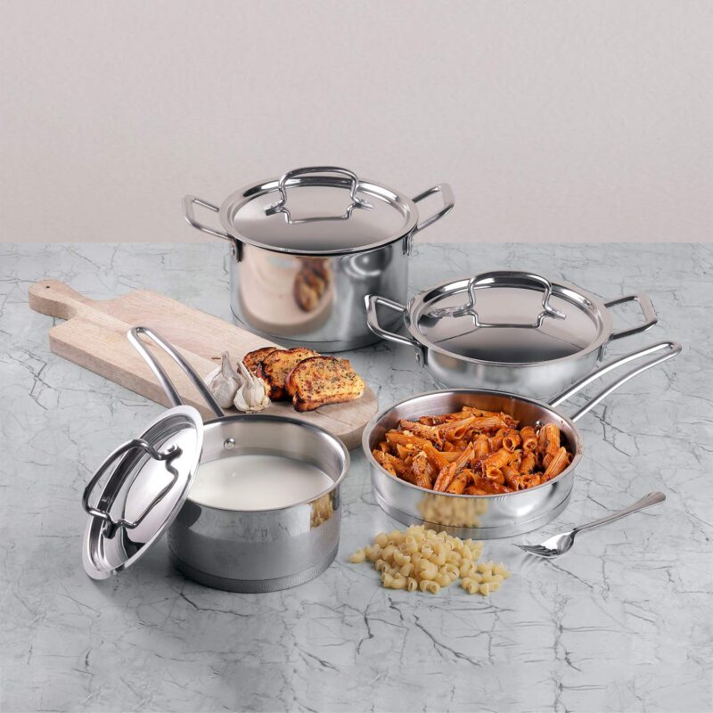 Vinod Cookware Classic Deluxe Stainless Steel Induction Friendly 4 Pcs. Set (16cm Saucepan with Lid, 18cm Sauce Pot with Lid, 20cm Kadai with Lid, 20cm Fry Pan Without Lid) - Image 7