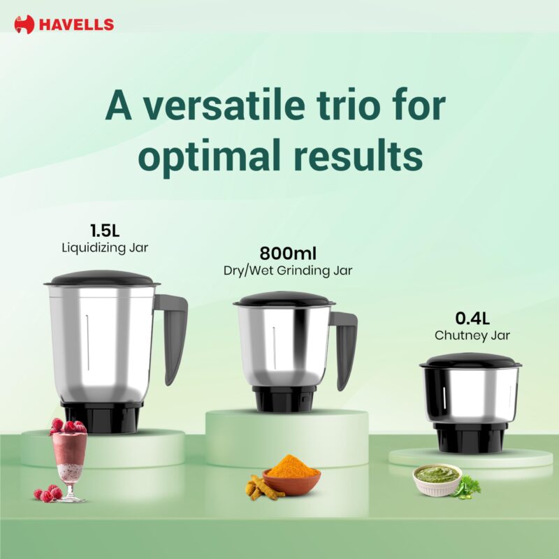 Havells Capture 500 Watts 3 Jar Mixer Grinder, High Speed 21000 Rpm Motor, Rust Resistant 304 Ss Blades,1.5 Ltr Bigger Size Blending Jar, 1 Year Manufacturer Warranty, Black - Image 5