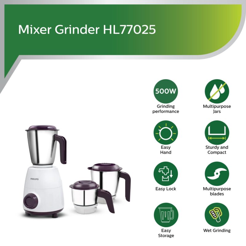 PHILIPS HL7505 500W Mixer Grinder (White and Purple) - Image 6