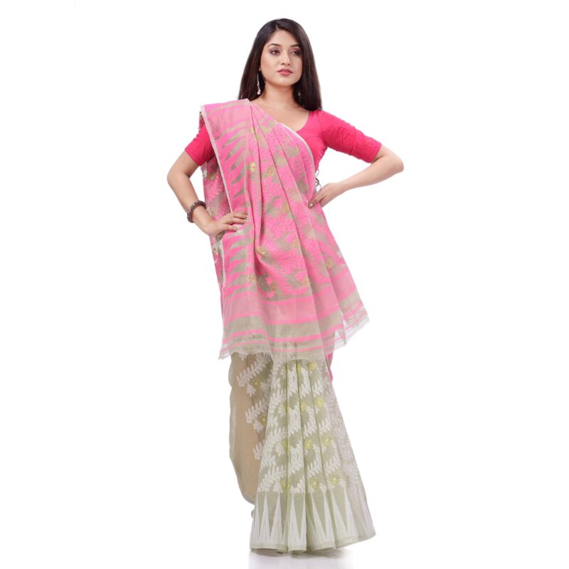 dB DESH BIDESH Women`s Tamarind Leaf Resham Dhakai Jamdani Pure Cotton Handloom Saree Whole Body Design without Blouse Piece (Pink Off White) - Image 2