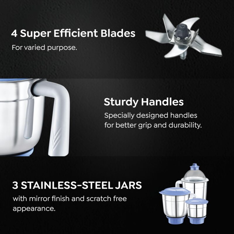 Prestige Iris 750 Watt Mixer Grinder with 3 Stainless Steel Jar + 1 Juicer Jar (White and Blue) - Image 4