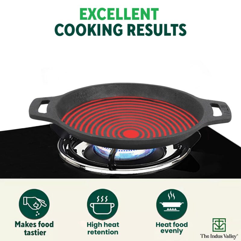 The Indus Valley Preseasoned Cast Iron Fish Fry Pan With Double Handle | Large 25Cm/ 9.8Inch, 2Kg | Induction Friendly | Nonstick Fish Fry Pan, 100% Pure & Toxin Free, No Chemical Coating, Black - Image 5