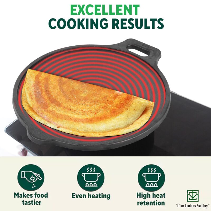 The Indus Valley Super Smooth Cast Iron Tawa for Dosa/Chapathi | 27.6cm/10.8 inch, 2.8kg | Induction Friendly | Naturally Nonstick, Pre-Seasoned Tawa, 100% Pure & Toxin-Free, No Chemical Coating - Image 6