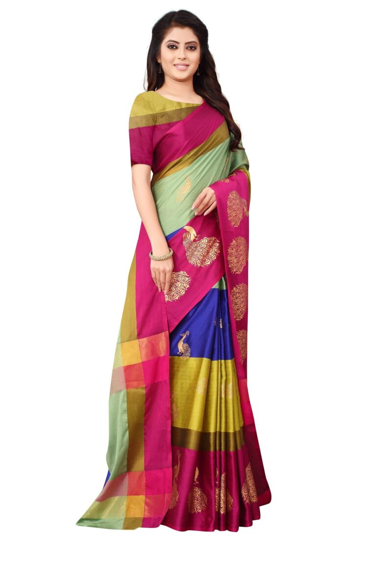 DHRUVI TRENDZ Women Silk Cotton Saree(DT-S166_Pista Green & Pink_Free Size) - Image 5