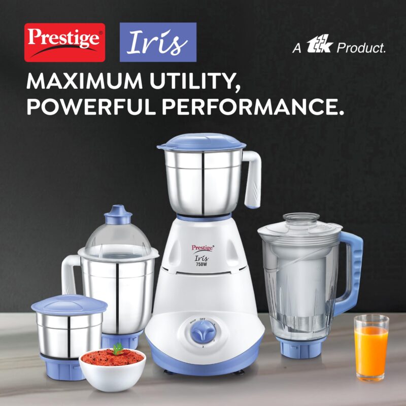 Prestige Iris 750 Watt Mixer Grinder with 3 Stainless Steel Jar + 1 Juicer Jar (White and Blue) - Image 6
