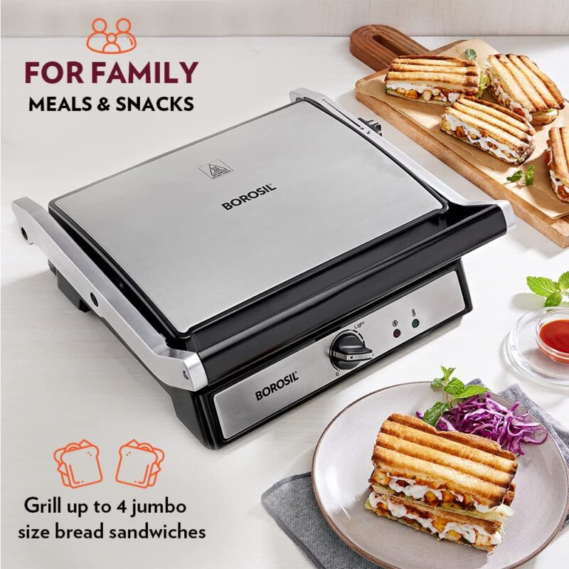 Borosil Super Jumbo Grill Sandwich Maker | Can Make 4 Sandwich At a Time | 2000W Electric Toaster Maker | Non-Stick Coating Plates Opens to 180°, BPA & PTFE Free | Power Indicators | 2 Year Warranty - Image 4
