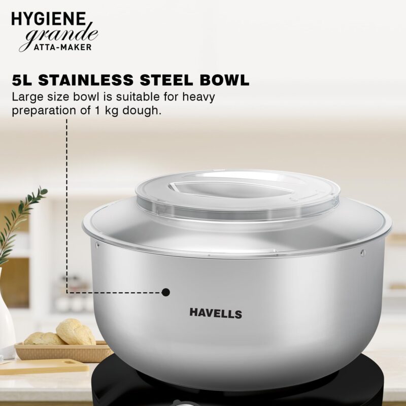 Havells Hygiene Grande Atta Kneader Dough Maker with 5L SS Bowl, Up to 1 KG Dough Maker, 4 Speed, Aluminium Dough Hook, Transparent Anti Splatter Lid with Lock, Hands Free Operation, 2 Yr Warranty - Image 9