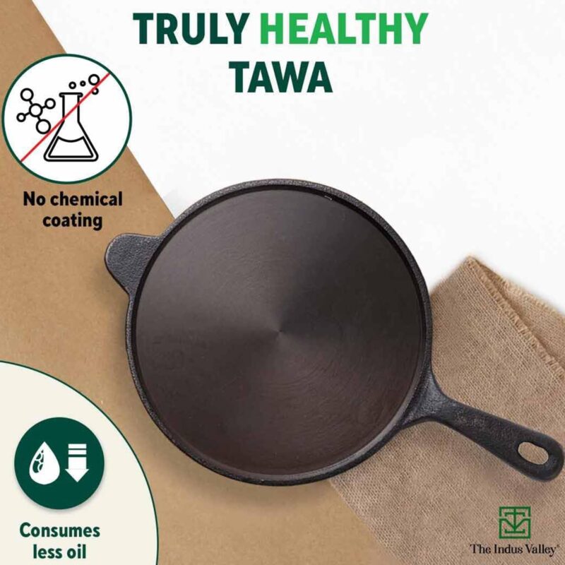 The Indus Valley Super Smooth Cast Iron Cookware Set | Tawa (26.2 Cm) + Kadai (26.1 Cm) + Fry Pan (24.8 Cm) | Pack Of 3 | Pre-Seasoned Cookware, 100% Pure & Toxin-Free, No Chemical Coating, Black - Image 7