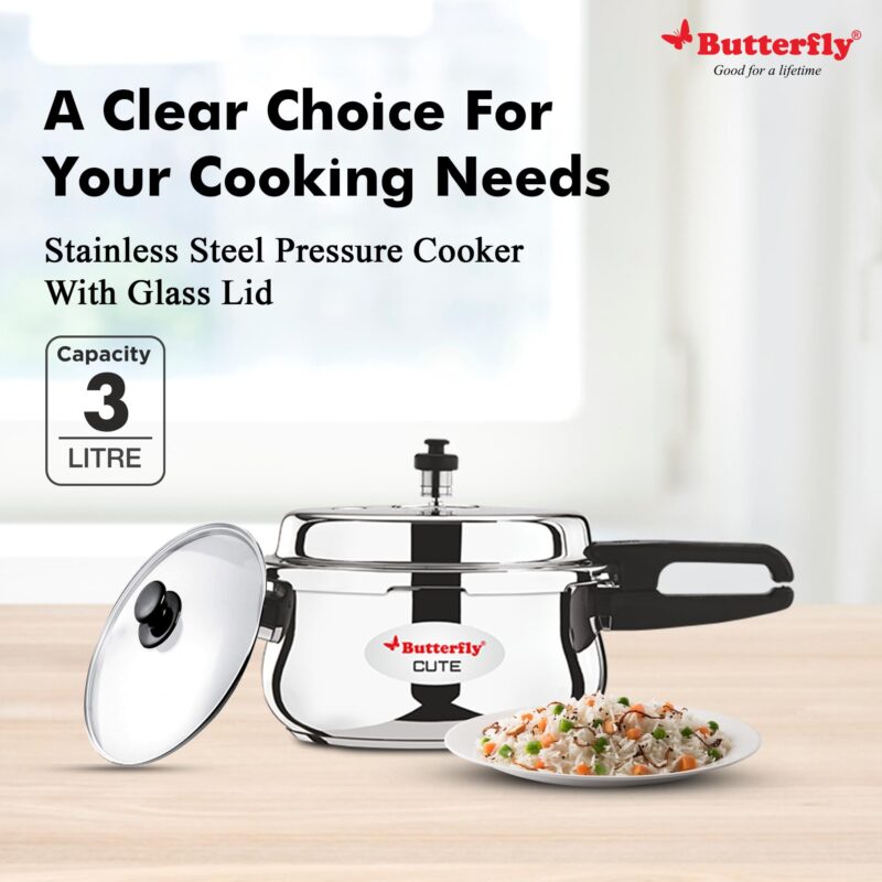 Butterfly Cute Ss Induction Compatible Outer Lid Stainless Steel Pressure Cooker With Glass Lid 3 liter, Silver - Image 6