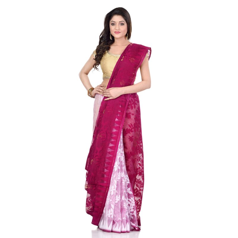 Db Desh Bidesh Women's Jamdani Cotton Saree Without Blouse Piece (Db220622Jamdanitant_Plum Jam White) - Image 2