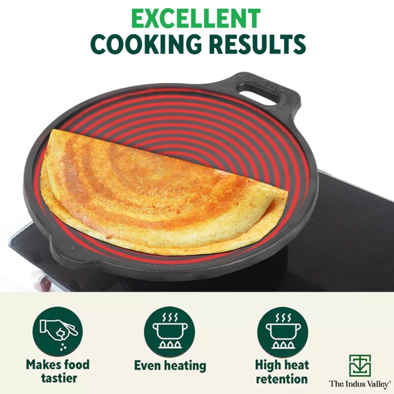 The Indus Valley Super Smooth Cast Iron Tawa with Free Wooden Spatula for Dosa/Chapathi | 27.6cm/10.8 inch, 2.8kg | Induction Friendly | Naturally Nonstick, 100% Pure & Toxin-Free - Image 6