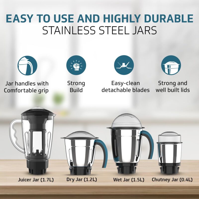 V-Guard AG 754 750 Watt Juicer Mixer Grinder, 3 Year Motor Warranty By V-Guard,4 Jars(Chutney, Dry, Wet & Juicer), Sturdy Juicer Jar with QuadraFlow Design, PrecisionBlend SS Blades, Blue-Black - Image 8