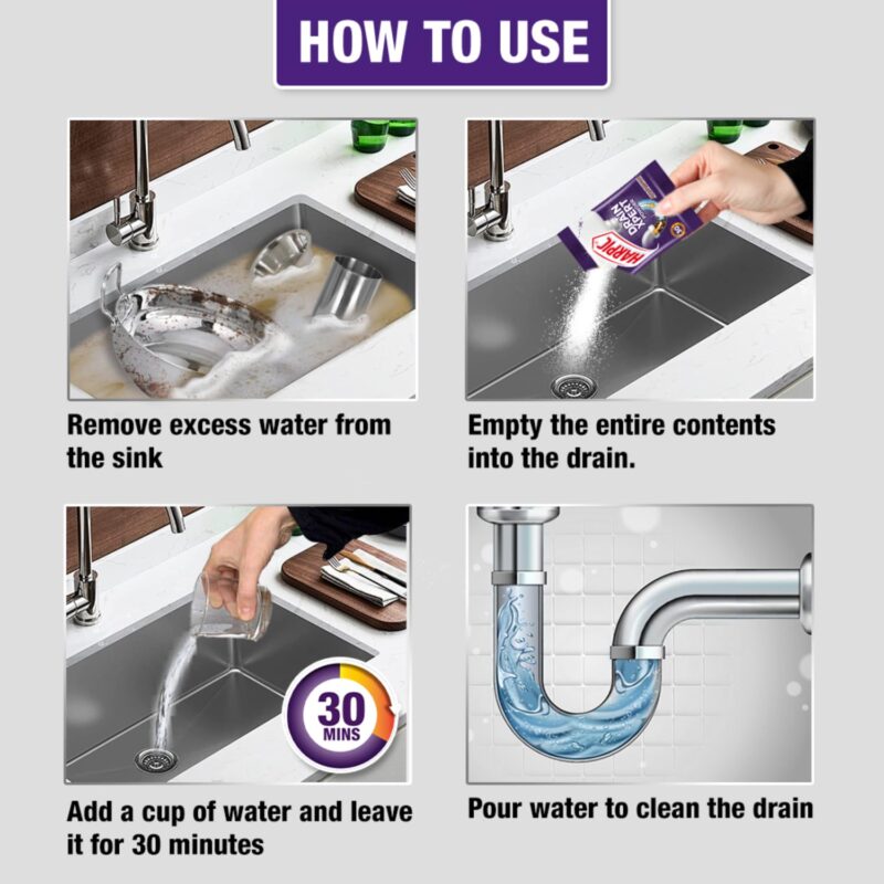 Harpic (50g x 8), DrainXpert Drain Cleaner Powder | Effective Sink Cleaner, Drain Blockage Remover, Drain Pipe Cleaner - Image 5