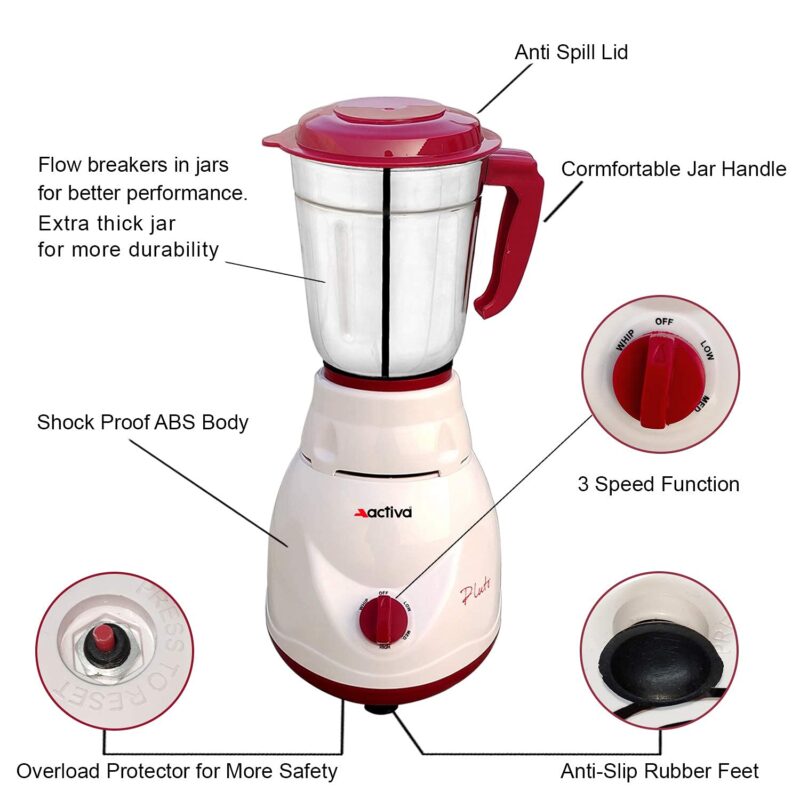 ACTIVA Plastic Pluto Pro Mixer Grinder, 500W, 3 Jars (White) 2 Year Warranty (Ivory Maroon), 500 Watts - Image 9