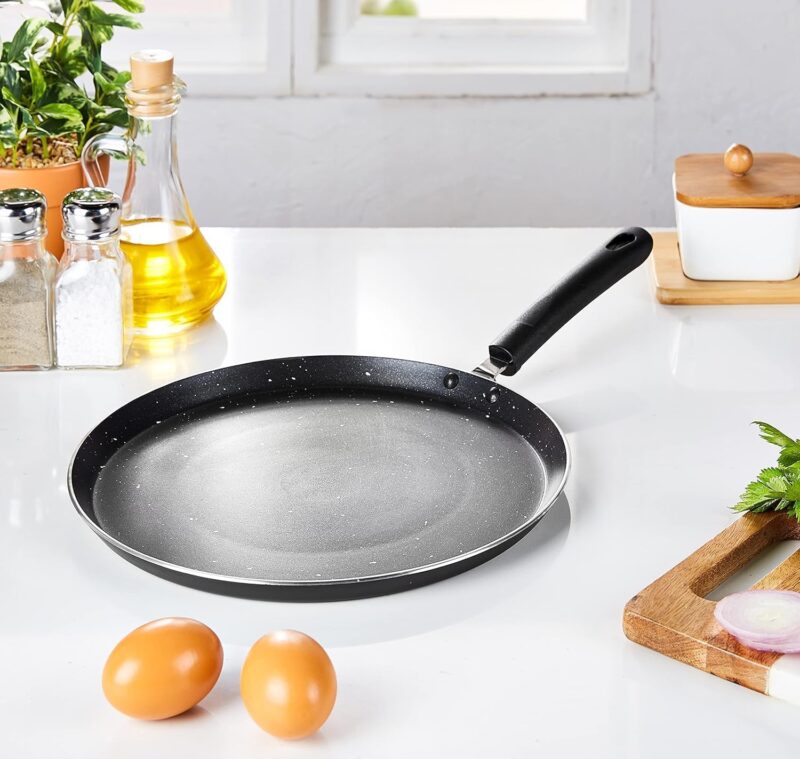 HOMETIC Non-Stick Granite Crepe Pan - Effortless Food Release, Induction Ready, PFOA & PTFEs Free, Perfect for Roti, Egg Omelet, Tortilla, Tawa, Dosa, and Flat Frying - Durable, Easy Cleaning. (BLACK) - Image 5