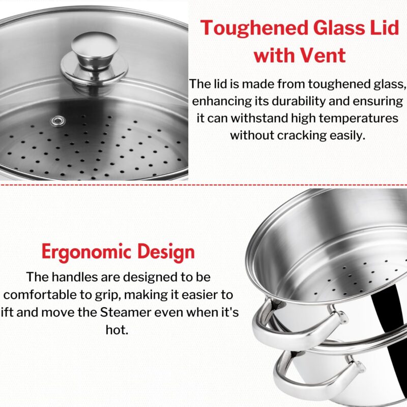 Vinod Stainless Steel Steamer 2 Tier with Glass Lid 18 cm | 2.5 mm Thick Base | Multi Purpose Momos, Modak Maker Steamer | Induction and Gas Base | 2 Year Warranty - Silver - Image 6