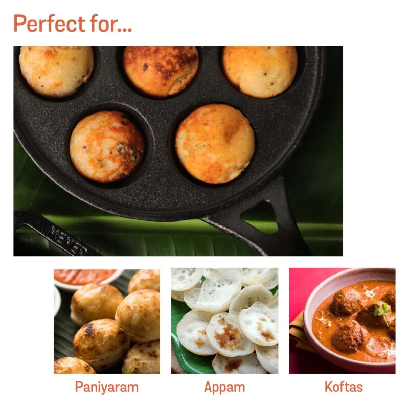 Meyer Pre Seasoned Cast Iron 7 Cavity Appam Patra Paniyarakkal | Paniyaram | Appam Pan | Pan Cake Maker | Appam Maker | Ponganal Maker | Kuzhi | Paddu with Single Handle, 20cm, Black - Image 6