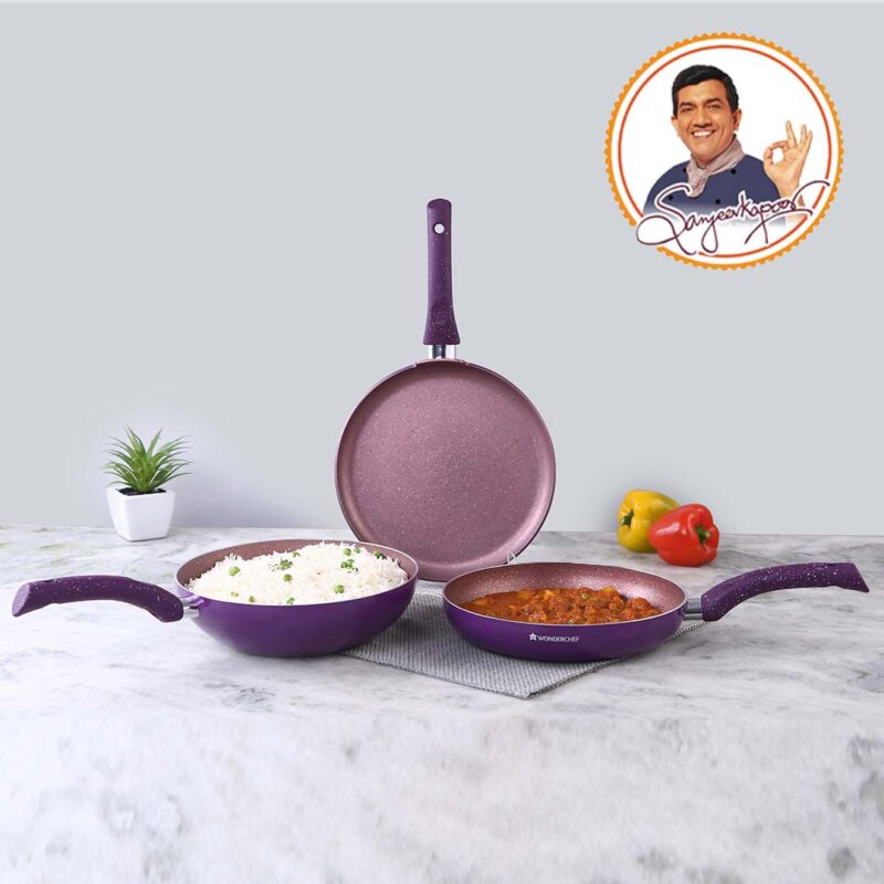 Granite Non-stick Cookware Set, 4Pc (Frying Pan With Lid, Wok, Dosa Tawa), Induction Bottom, Soft-Touch Handles, Pure Grade Aluminium, PFOA, 3.5mm, 2 Years Warranty, Purple - Image 7