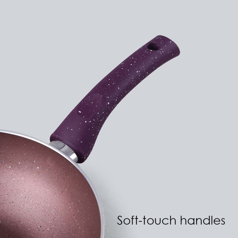 Granite Non-Stick Wok | Glass Lid | Induction Bottom | Soft-Touch Handles | Virgin Aluminium | PFOA and Heavy Metals Free | 3.5mm Thick| 24cm, 2.7 litres | 2 Year Warranty | Purple - Image 6