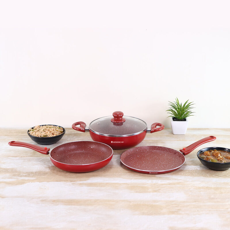 Ruby Plus Cookware Set, 4pc (Dosa Tawa, Fry Pan, Kadhai with Lid), Induction Friendly, Virgin Aluminum, PFOA/Heavy metal free, 2 Years Warranty, Dark Red - Image 6
