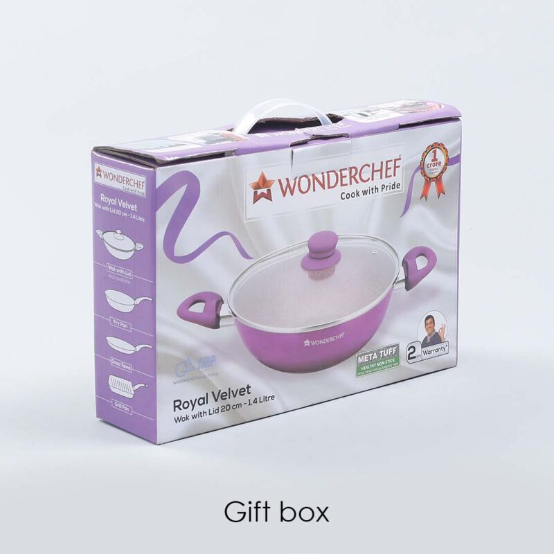 Royal Velvet 20 cm Non-Stick Kadhai with Lid and Induction Bottom | Soft-Touch Handle | Virgin Grade Aluminium | PFOA and Heavy Metals Free | 3 mm thick | 1.4 litres | 2 Years Warranty | Purple - Image 6