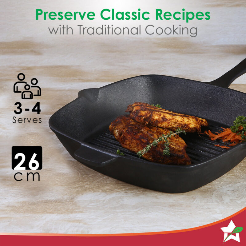Forza Cast-iron 26 cm Grill Pan, Pre-Seasoned Cookware, Induction Friendly, 3.8 mm - Image 7