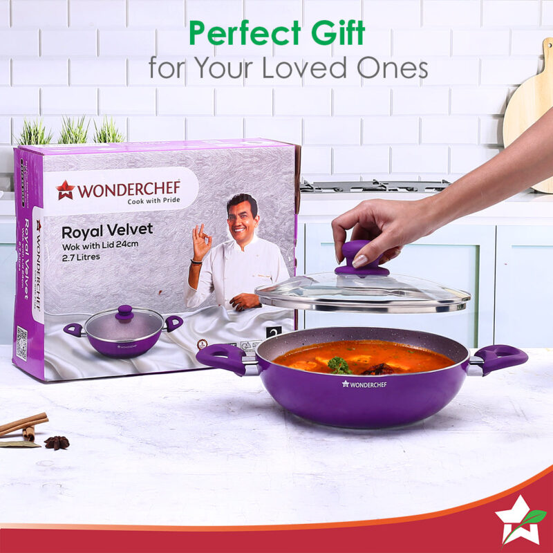 Wonderchef Renewed Royal Velvet Non-stick 24cm Kadhai with Handles (without Lid) | Induction Ready | Soft-touch handles | Non-Toxic I Virgin Grade Aluminium | 3mm Thick - Image 6