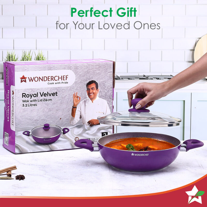 Royal Velvet Non-stick 26cm Kadhai with Lid and Handles | Glass Lid | Induction Ready | Soft-touch handles |Non – Toxic I Virgin Aluminium| 3 mm thick | 2 year warranty | Purple - Image 6