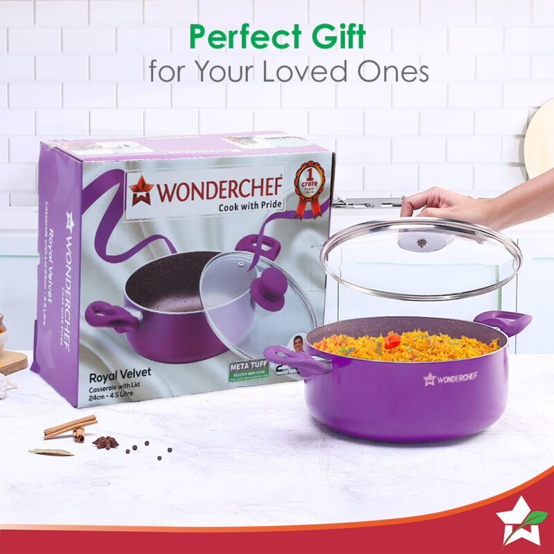 Royal Velvet 24cm Casserole with Glass Lid I Induction Ready | Soft-touch handles |Non – Toxic I Virgin Aluminium| 3 mm thick | 4.5 litres | 2 year warranty | Purple - Image 3