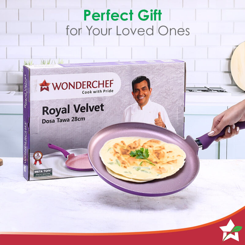Royal Velvet Non-stick 28cm Dosa Tawa I Induction Ready | Soft-touch handles |Non – Toxic I Virgin Aluminium| 3 mm thick | 1.8 litres | 2 year warranty | Purple - Image 6
