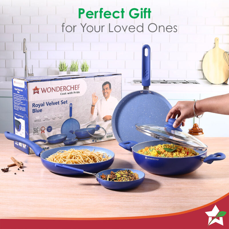 Royal Velvet Non-stick Cookware Set, 5Pc (Fry Pan with Lid, Wok, Dosa Tawa, Mini Fry Pan) Induction Bottom, Soft-touch Handles, Virgin Grade Aluminium, PFOA/Heavy Metals Free, 3mm, 2 Years Warranty, Blue - Image 6