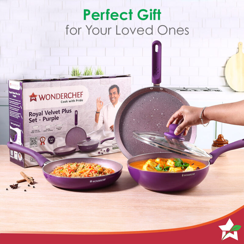 Royal Velvet Non-stick Cookware Set, 4Pc (Fry Pan with Lid, Wok, Dosa Tawa) 3mm, 2 Years Warranty, Purple - Image 6