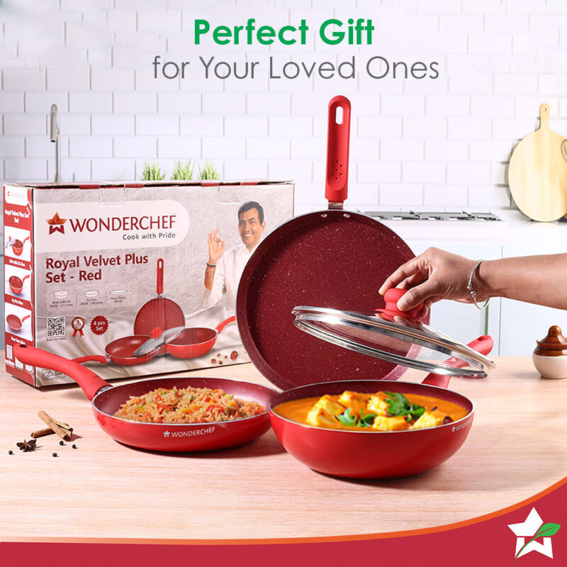 Royal Velvet Non-stick Cookware Set, 4Pc (Fry Pan with Lid, Wok, Dosa Tawa), Induction Bottom, Soft-touch Handles, Virgin Grade Aluminium, PFOA/Heavy Metals Free, 3mm, 2 Years Warranty, Red - Image 6