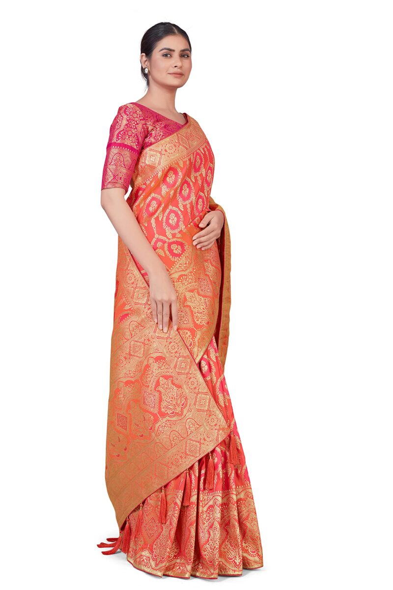 Monjolika Fashion Women's Banarasi Silk Peach Color Zari Woven Saree With Separate Embellished And Unsttiched Blouse Piece (Peach) - Image 6