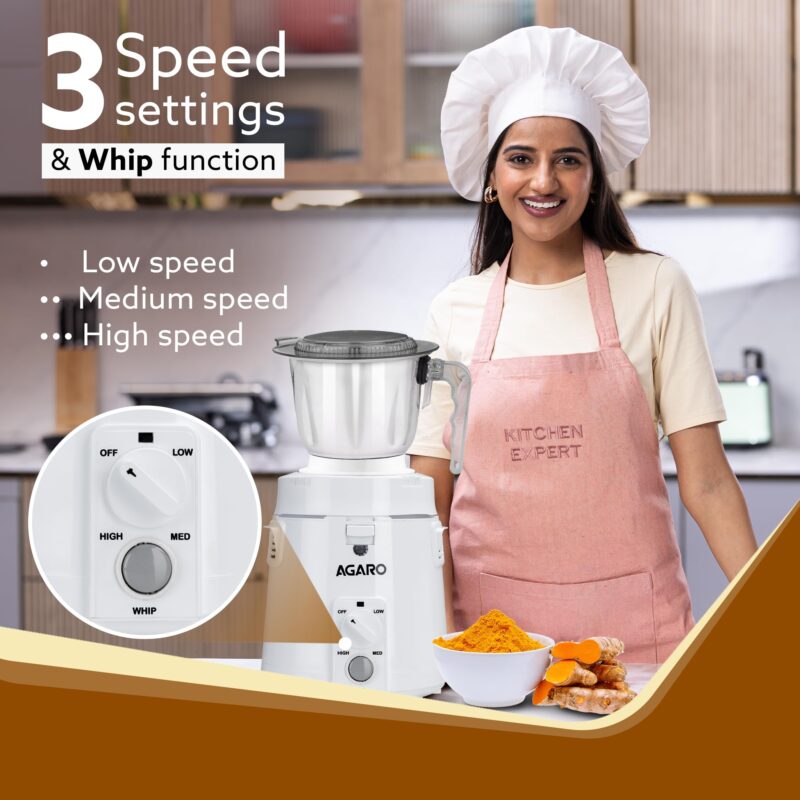 AGARO Royal Mixer Grinder 900W, Heavy Duty, 100% Pure Copper Motor, 3 Stainless Steel Jar, 3 Speed, Whip Function, Stainless Steel Blades,Wet & Dry Grinding, White - Image 4