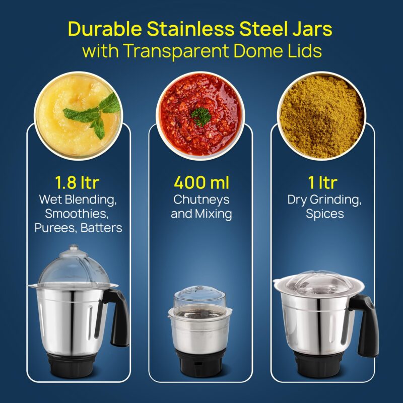 AGARO Elite Mixer Grinder 550W, 100% Copper Motor, 3 Stainless Steel Jar, 3 Speed, Whip Function, Stainless Steel Blades, Wet & Dry Grinding, Black - Image 4