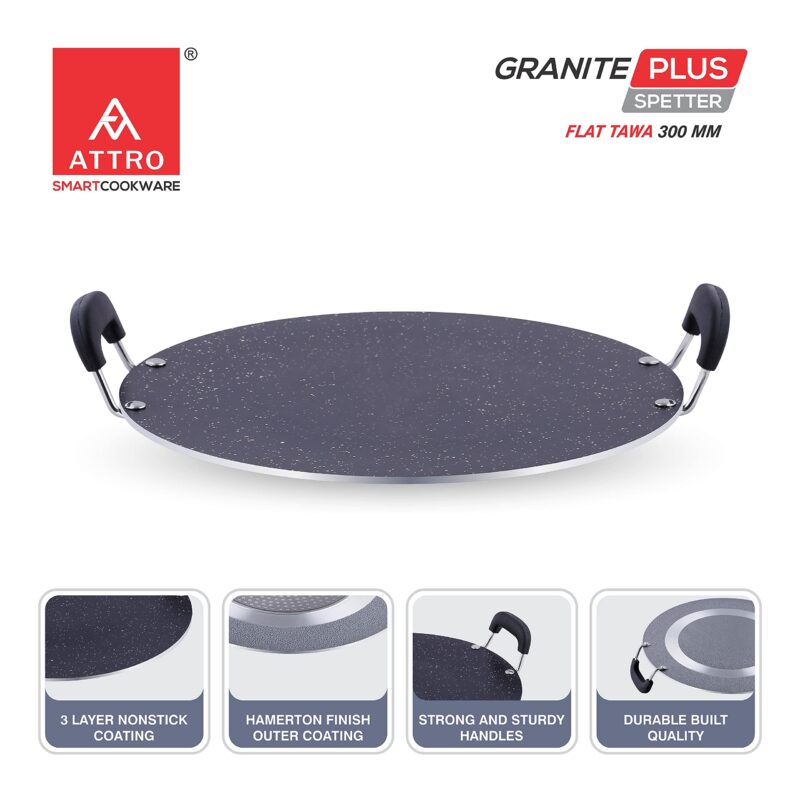 Attro Non Stick Aluminium Heavy Duty Double Handle Flat Spatter Finish Tawa, 300 mm, (Black) - Image 3