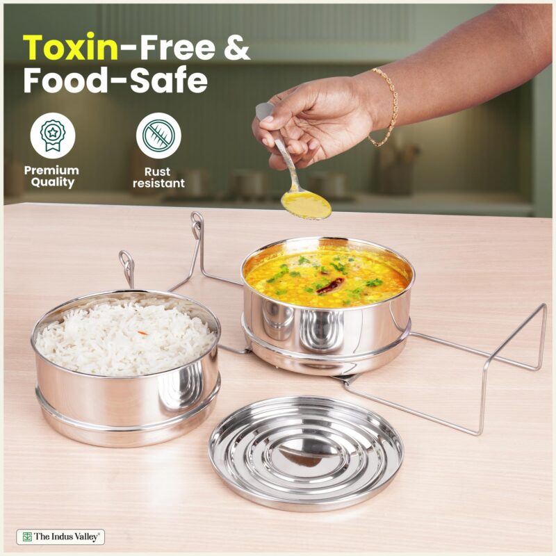 The Indus Valley Stainless Steel Separator Set for 3ltr Pressure Cooker | 5.5 inch, 1.9 ltr, 2-Tier | 100% Toxin Free, No Chemical coating - Image 3