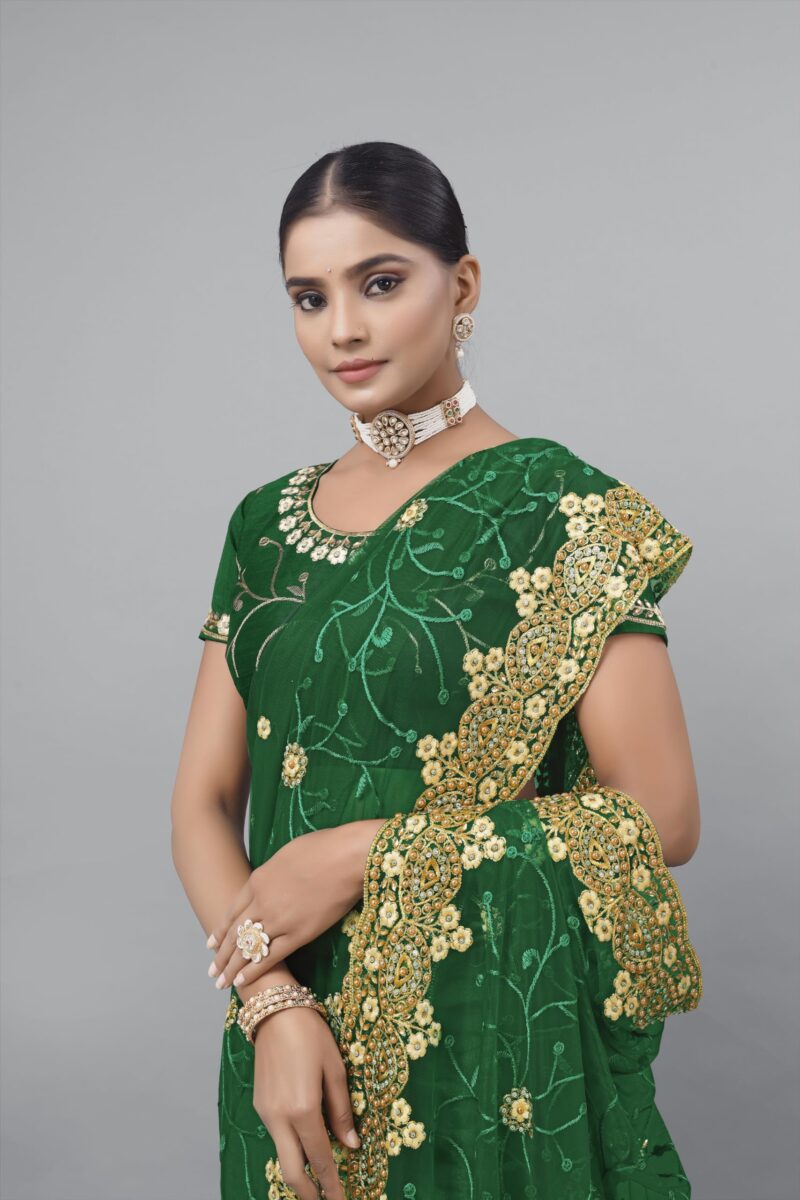 Radhe Radhey Women's New Georgette Embridered Sari With Unstitched Blouse Piece(Free Size)… (Green) - Image 3