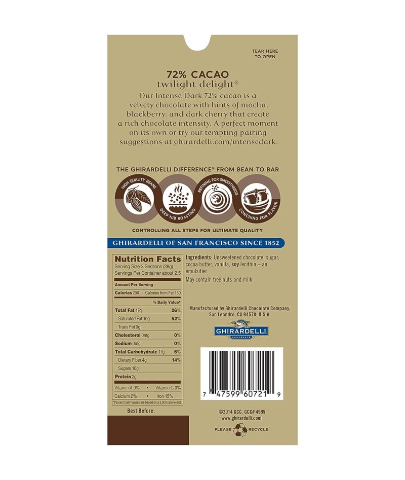 Ghirardelli Intense Dark 72% Cacao Twilight Delight Chocolate Bar, 100g - Image 2
