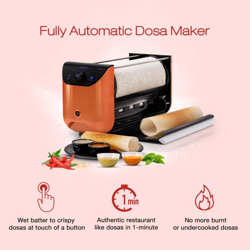 EVOCHEF EC Flip Automatic Dosa Maker, 1-Minute Dosas, 360° Food Grade Coated Roller, Easy Cooking Time & Thickness Control, Touch Controls, Compact & Portable, 1600W, 1 Year Warranty, White - Image 3