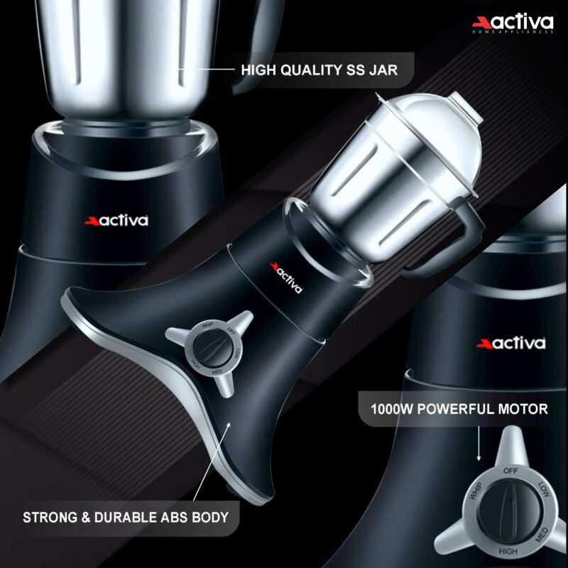 ACTIVA ABS Super Chef 900 Watts Powerful Motor Mixer Grinder With 4 Jars | 2 Years Motor, Black - Image 4