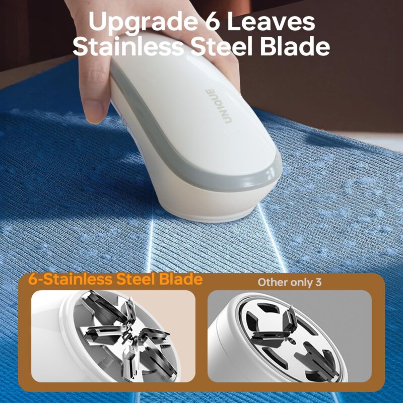 UN1QUE Rechargeable Lint Remover, Six-Blade Design Lint Remover for Clothes, USB Charging Port, Supports Cordless Use, Lint Remover for Woolen Clothes, Blankets, Sofas, Curtains, etc.-White - Image 7