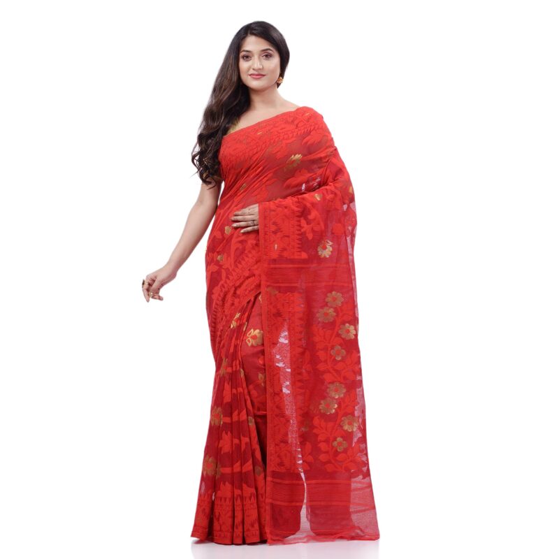dB DESH BIDESH Women`s Rangabati Resham Dhakai Jamdani Bengal Pure Cotton Handloom Saree without Blouse Piece (Red) - Image 2