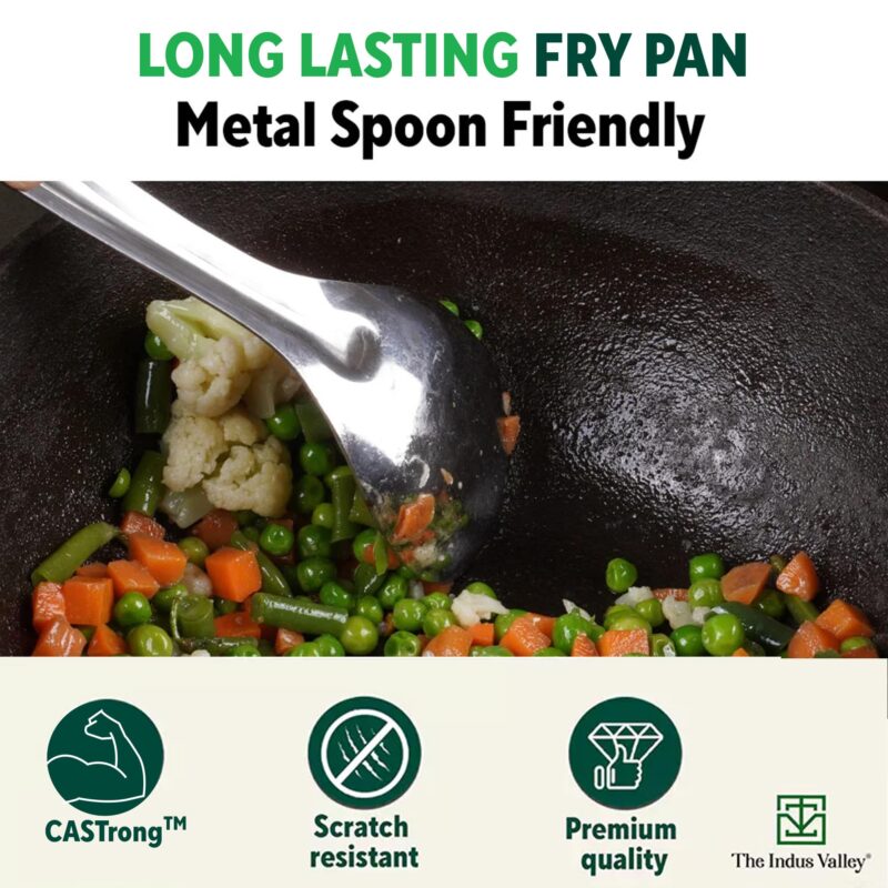 The Indus Valley Preseasoned Cast Iron Fish Fry Pan With Double Handle | Large 25Cm/ 9.8Inch, 2Kg | Induction Friendly | Nonstick Fish Fry Pan, 100% Pure & Toxin Free, No Chemical Coating, Black - Image 3