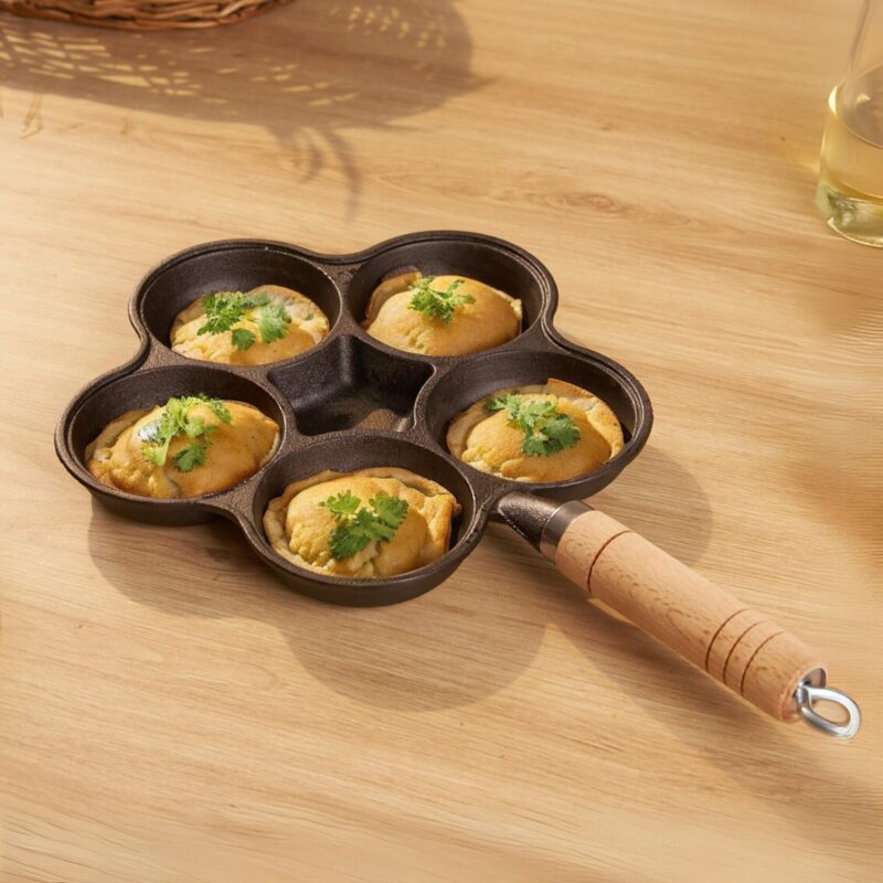 HomeEssentials Cast Iron Egg Pan - 6 Hole Nonstick Skillet with Wood Handle | Omelette Pan | Mini Uttapam Pan | Appam Patra | Litti Maker | Nonstick Pan for Eggs,Dumplings | Egg Frying Pan | 42 cm